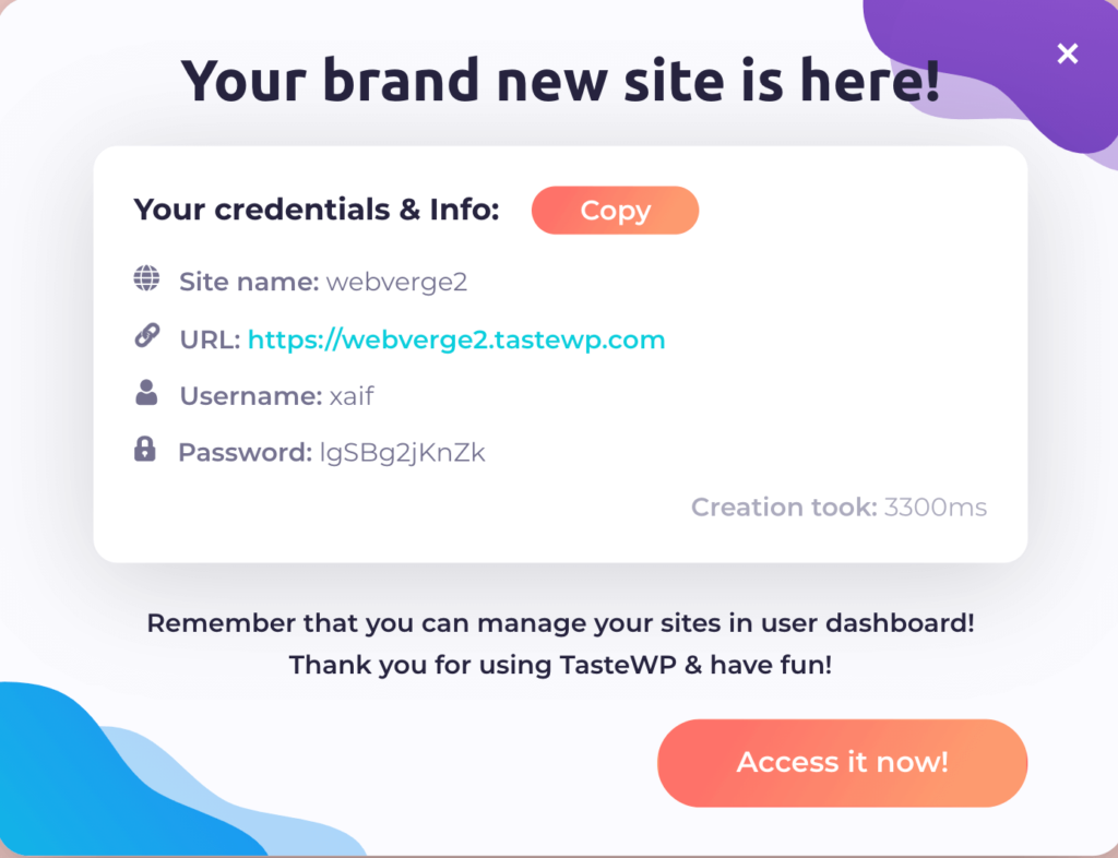 TasteWP Review: Free WordPress Hosting to Test Plugins & Themes 6 TasteWP-Installation-Completed