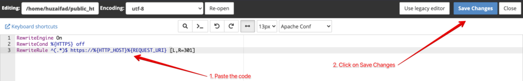 Redirect HTTP to HTTPS using cPanel