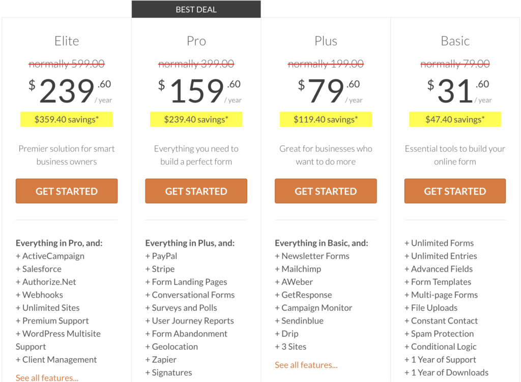 WPForms Vs GravityForms Pricing
